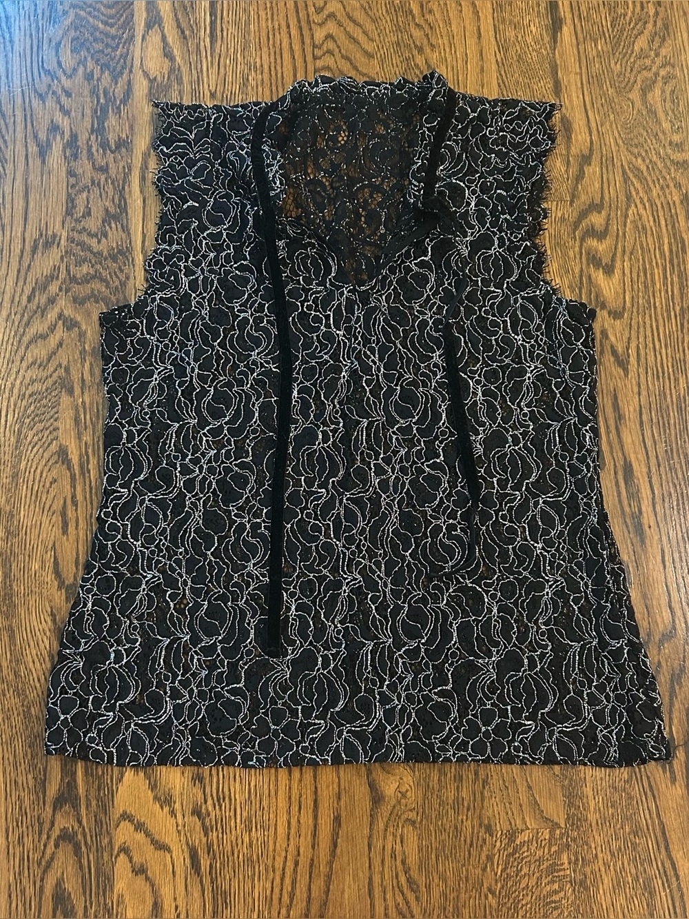 Y2K Whimsigoth Metallic Silver & Black Lace Velvet Tie Top